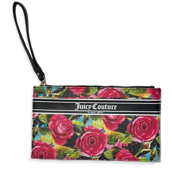 JUICY COUTURE Black Pink Gothic Stripe Floral Rectangle Wristlet Clutch Pouch - Picture 2 of 10